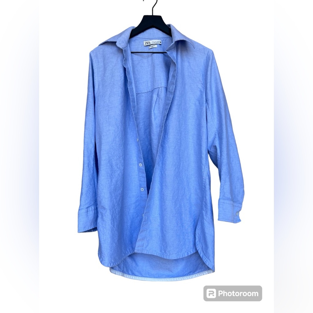 Zara The Oversized Shirt Blue Poplin Size Small
